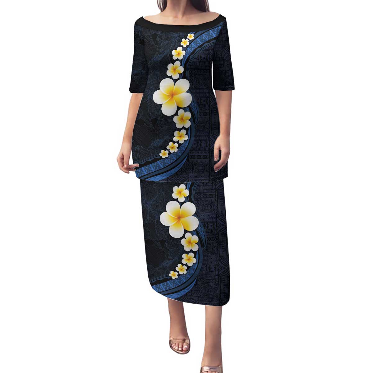 Pacific Hibiscus and Plumeria with Tapa Pattern Family Matching Puletasi and Hawaiian Shirt Dark Blue Color