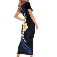 Pacific Hibiscus and Plumeria with Tapa Pattern Family Matching Short Sleeve Bodycon Dress and Hawaiian Shirt Dark Blue Color LT03 - Polynesian Pride