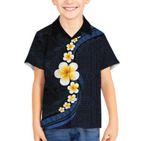 Pacific Hibiscus and Plumeria with Tapa Pattern Family Matching Short Sleeve Bodycon Dress and Hawaiian Shirt Dark Blue Color LT03 Son's Shirt Blue - Polynesian Pride