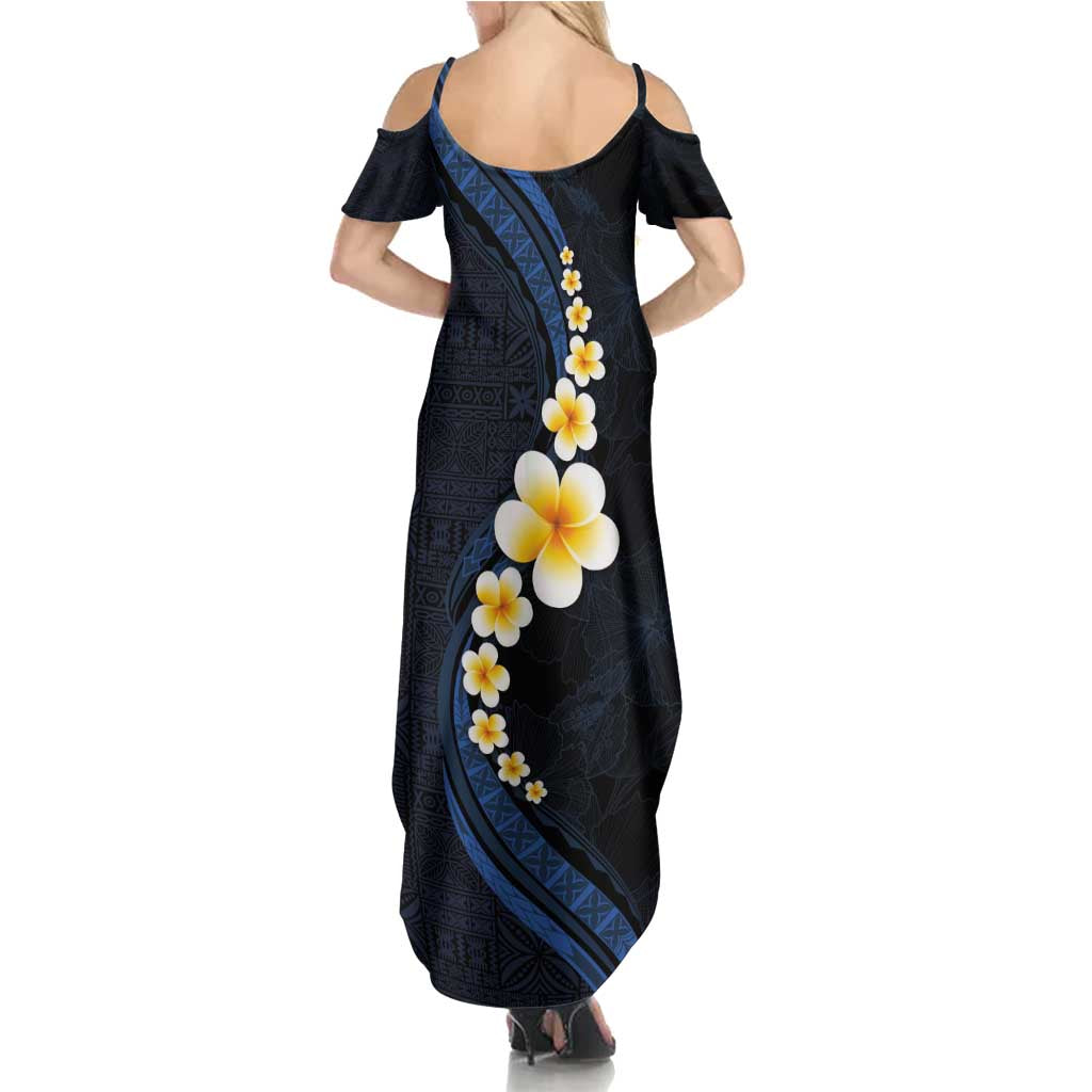 Pacific Hibiscus and Plumeria with Tapa Pattern Family Matching Summer Maxi Dress and Hawaiian Shirt Dark Blue Color LT03 - Polynesian Pride