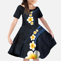 Pacific Hibiscus and Plumeria with Tapa Pattern Family Matching Tank Maxi Dress and Hawaiian Shirt Dark Blue Color LT03 Daughter's Dress Blue - Polynesian Pride