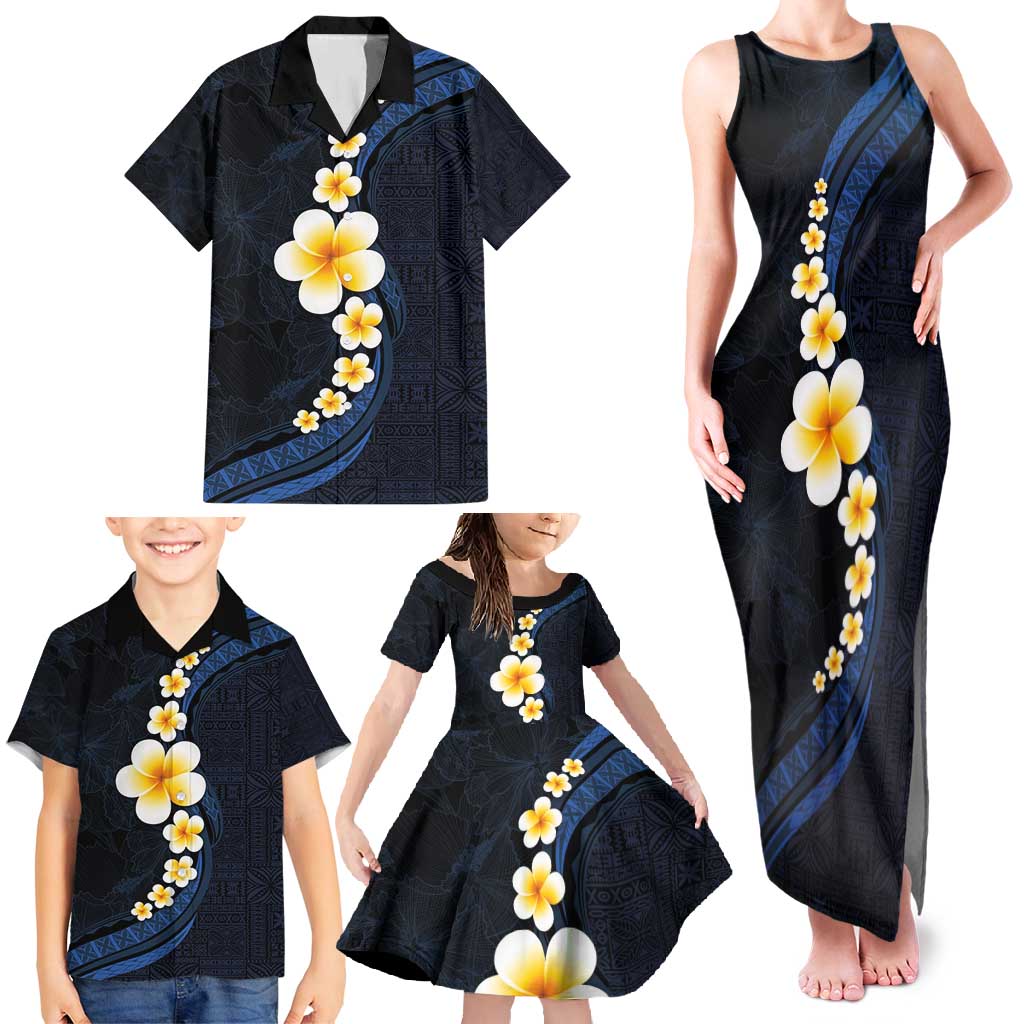 Pacific Hibiscus and Plumeria with Tapa Pattern Family Matching Tank Maxi Dress and Hawaiian Shirt Dark Blue Color LT03 - Polynesian Pride