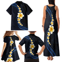 Pacific Hibiscus and Plumeria with Tapa Pattern Family Matching Tank Maxi Dress and Hawaiian Shirt Dark Blue Color LT03 - Polynesian Pride