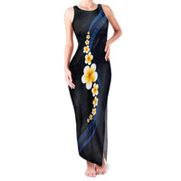 Pacific Hibiscus and Plumeria with Tapa Pattern Family Matching Tank Maxi Dress and Hawaiian Shirt Dark Blue Color LT03 Mom's Dress Blue - Polynesian Pride