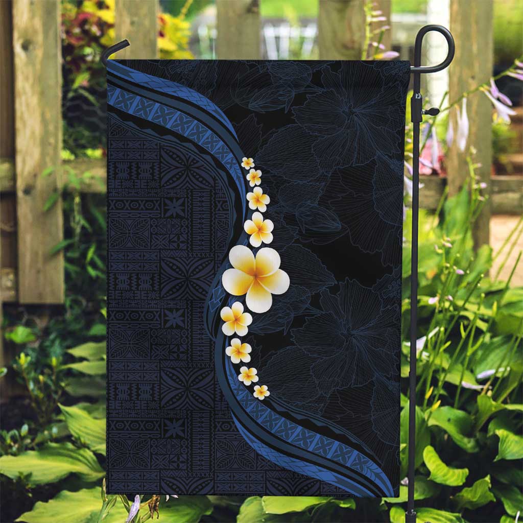 Pacific Hibiscus and Plumeria with Tapa Pattern Garden Flag Dark Blue Color LT03 Garden Flag Blue - Polynesian Pride