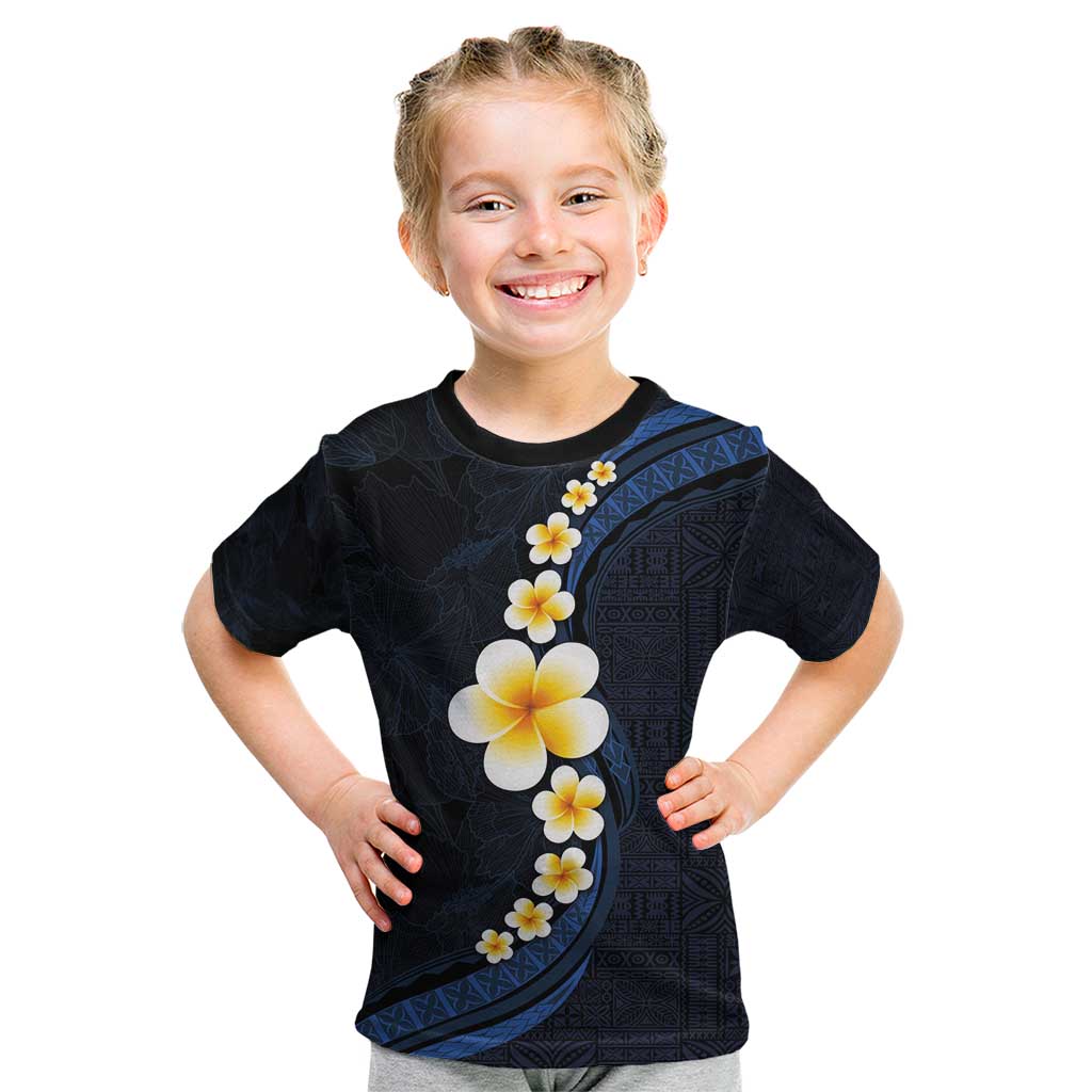 Pacific Hibiscus and Plumeria with Tapa Pattern Kid T Shirt Dark Blue Color