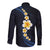 Pacific Hibiscus and Plumeria with Tapa Pattern Long Sleeve Button Shirt Dark Blue Color