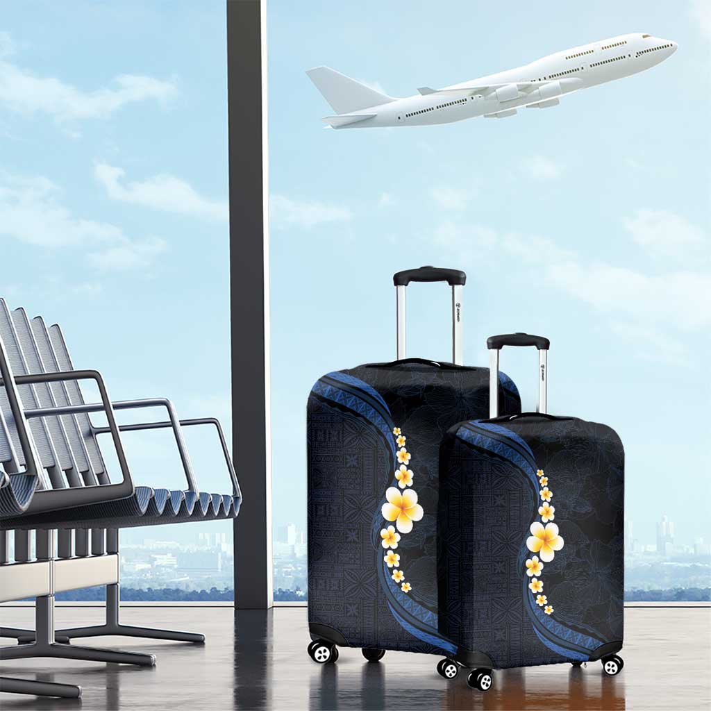 Pacific Hibiscus and Plumeria with Tapa Pattern Luggage Cover Dark Blue Color