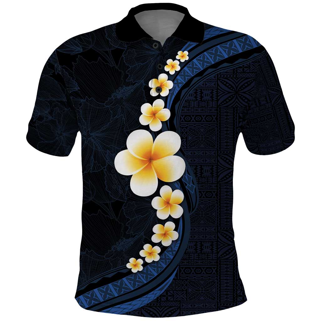 Pacific Hibiscus and Plumeria with Tapa Pattern Polo Shirt Dark Blue Color