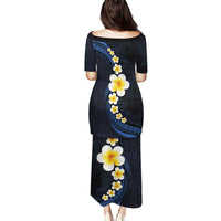 Pacific Hibiscus and Plumeria with Tapa Pattern Puletasi Dark Blue Color