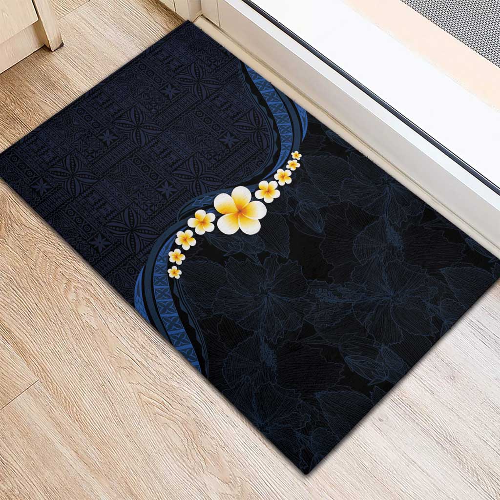 Pacific Hibiscus and Plumeria with Tapa Pattern Rubber Doormat Dark Blue Color