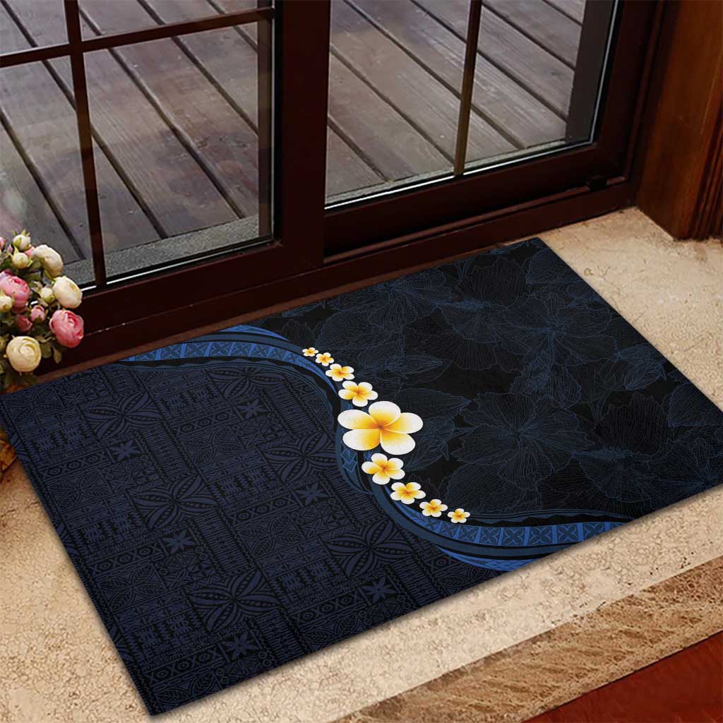 Pacific Hibiscus and Plumeria with Tapa Pattern Rubber Doormat Dark Blue Color