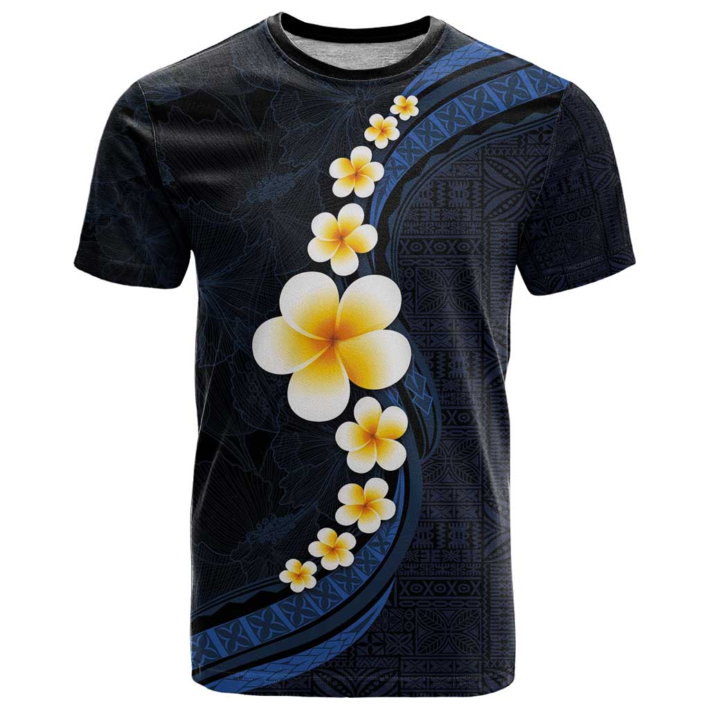 Pacific Hibiscus and Plumeria with Tapa Pattern T Shirt Dark Blue Color