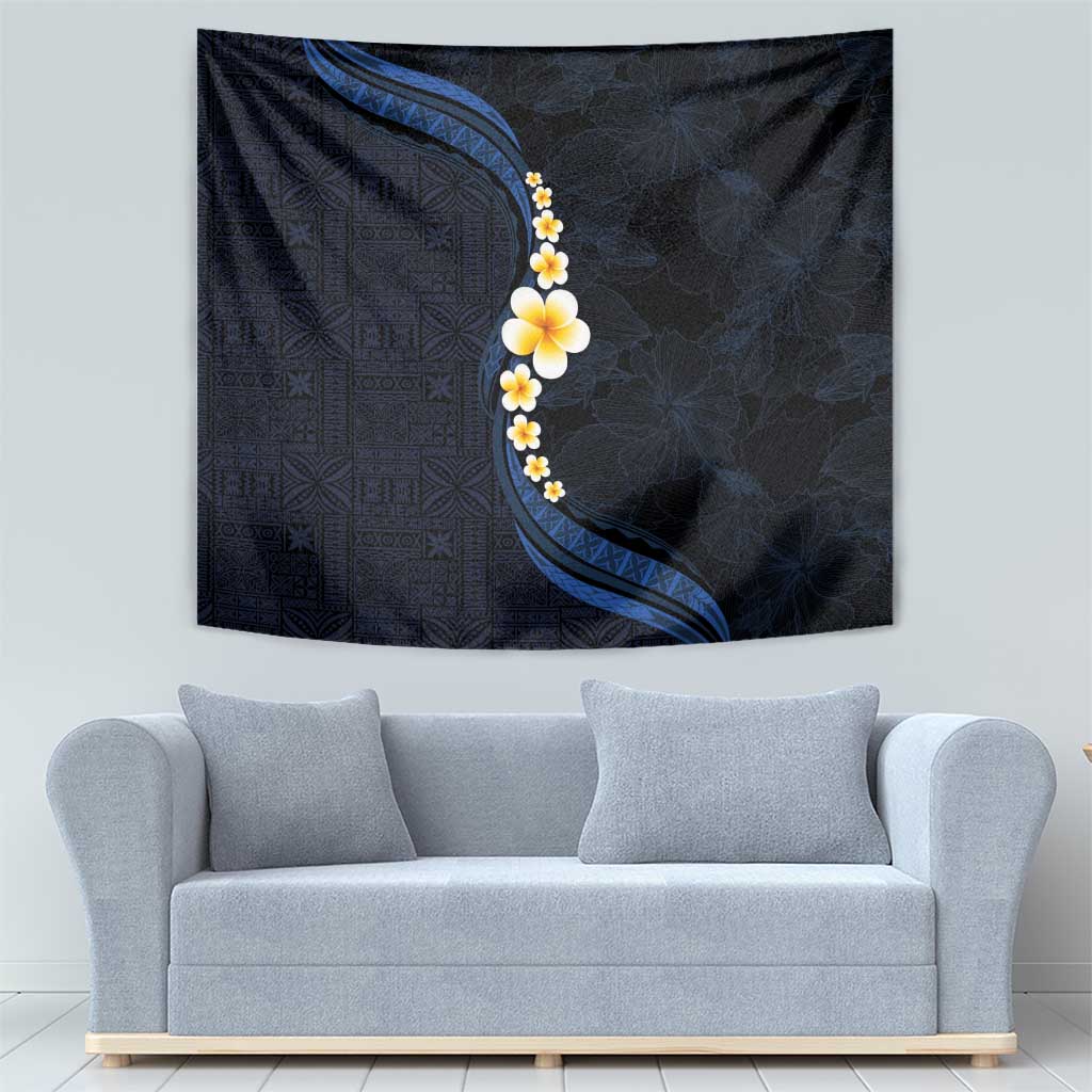 Pacific Hibiscus and Plumeria with Tapa Pattern Tapestry Dark Blue Color