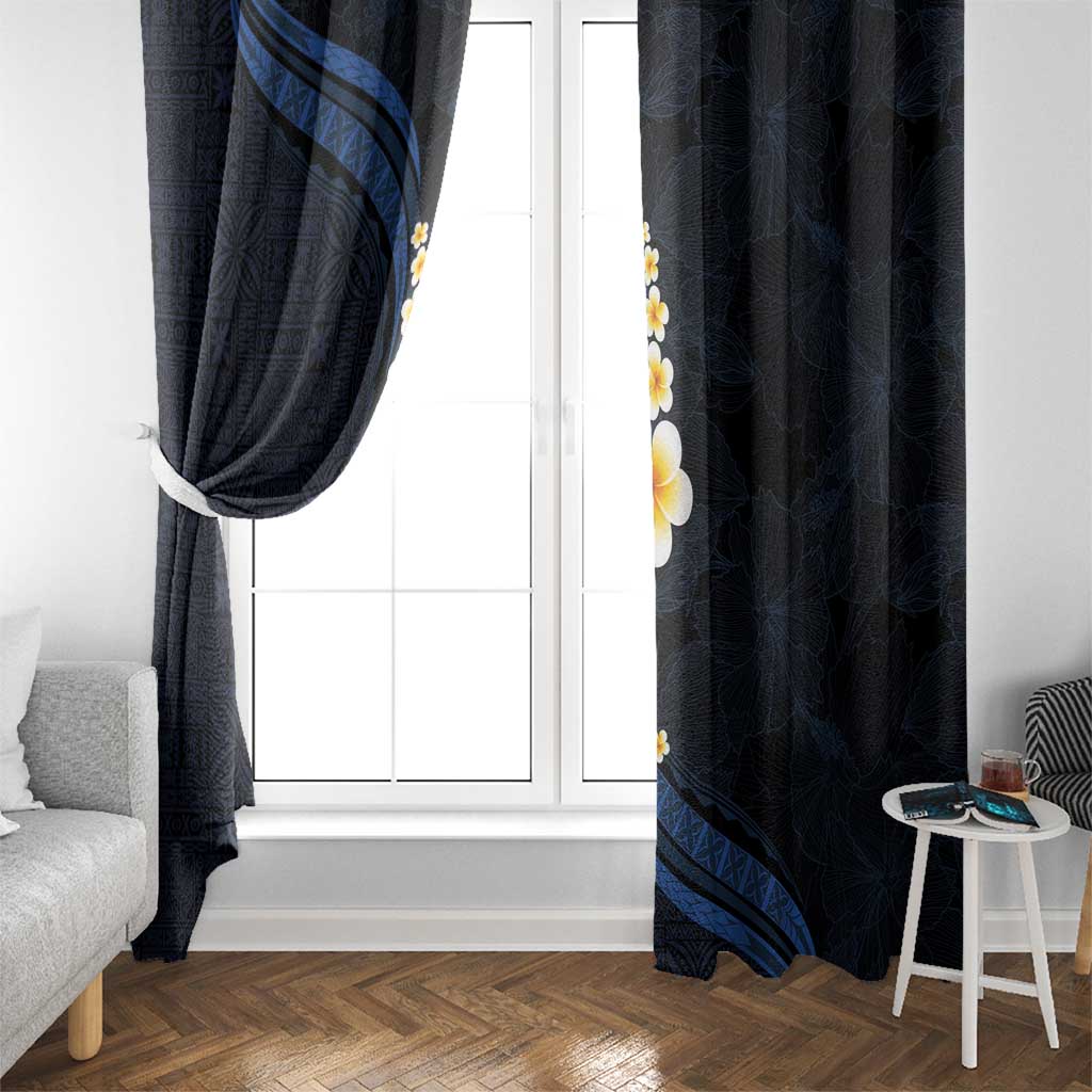 Pacific Hibiscus and Plumeria with Tapa Pattern Window Curtain Dark Blue Color