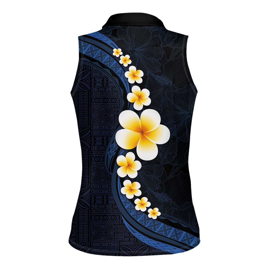 Pacific Hibiscus and Plumeria with Tapa Pattern Women Sleeveless Polo Shirt Dark Blue Color