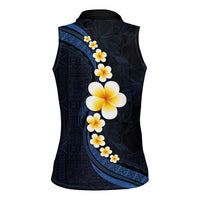 Pacific Hibiscus and Plumeria with Tapa Pattern Women Sleeveless Polo Shirt Dark Blue Color