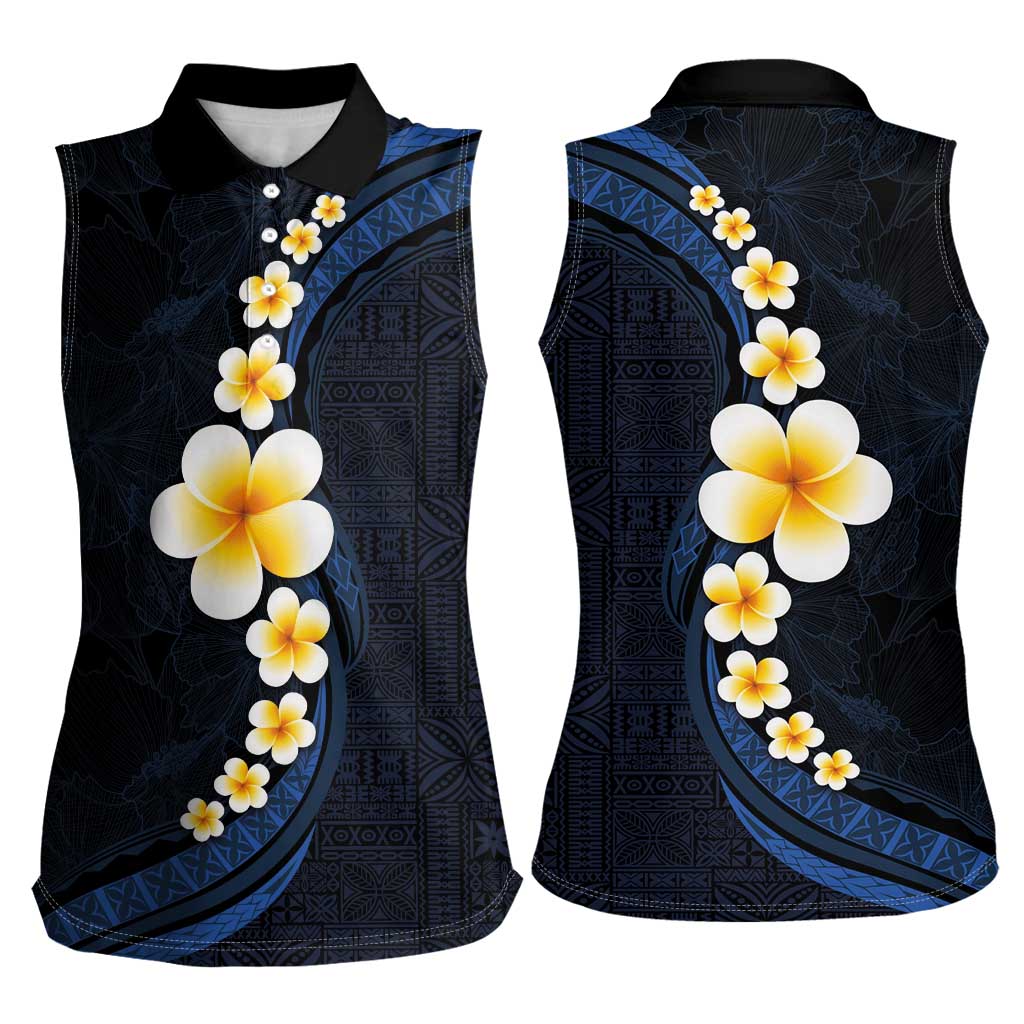 Pacific Hibiscus and Plumeria with Tapa Pattern Women Sleeveless Polo Shirt Dark Blue Color