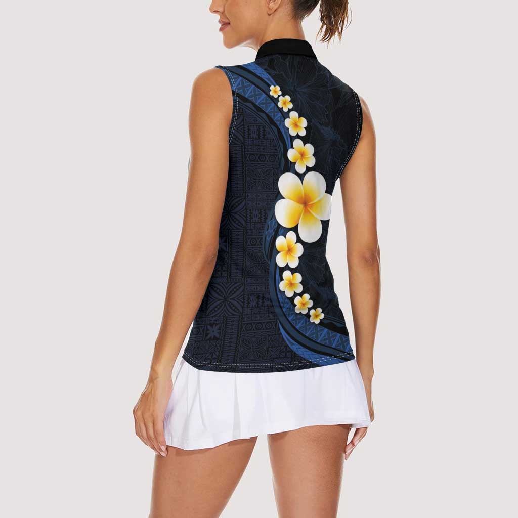 Pacific Hibiscus and Plumeria with Tapa Pattern Women Sleeveless Polo Shirt Dark Blue Color