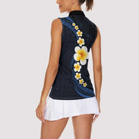Pacific Hibiscus and Plumeria with Tapa Pattern Women Sleeveless Polo Shirt Dark Blue Color