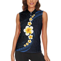 Pacific Hibiscus and Plumeria with Tapa Pattern Women Sleeveless Polo Shirt Dark Blue Color