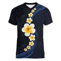 Pacific Hibiscus and Plumeria with Tapa Pattern Women V-Neck T-Shirt Dark Blue Color