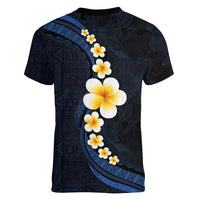 Pacific Hibiscus and Plumeria with Tapa Pattern Women V-Neck T-Shirt Dark Blue Color