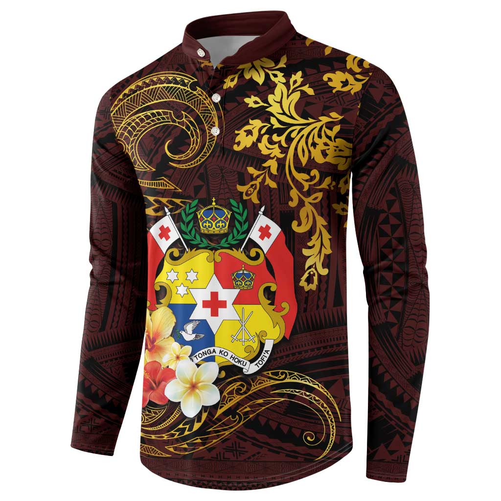 Tonga Ngatu and Hibiscus with Polynesian Tattoo Button Sweatshirt Gold and Oxblood Color