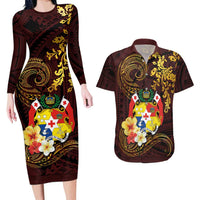 Tonga Ngatu and Hibiscus with Polynesian Tattoo Couples Matching Long Sleeve Bodycon Dress and Hawaiian Shirt Gold and Oxblood Color LT03 Oxblood - Polynesian Pride