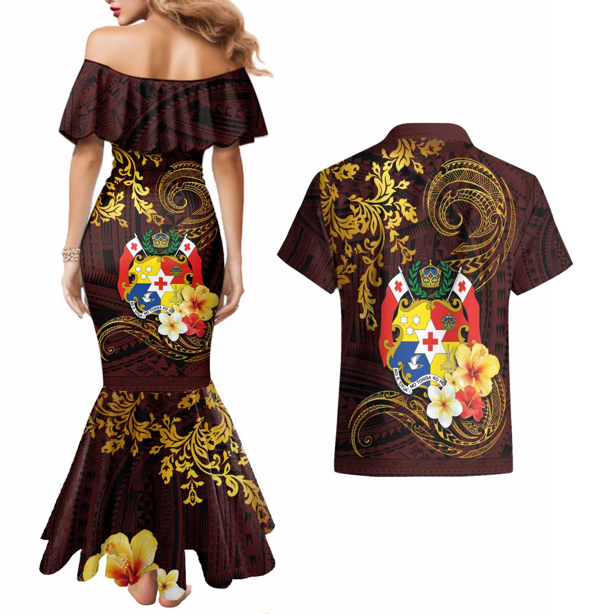 Tonga Ngatu and Hibiscus with Polynesian Tattoo Couples Matching Mermaid Dress and Hawaiian Shirt Gold and Oxblood Color LT03 - Polynesian Pride