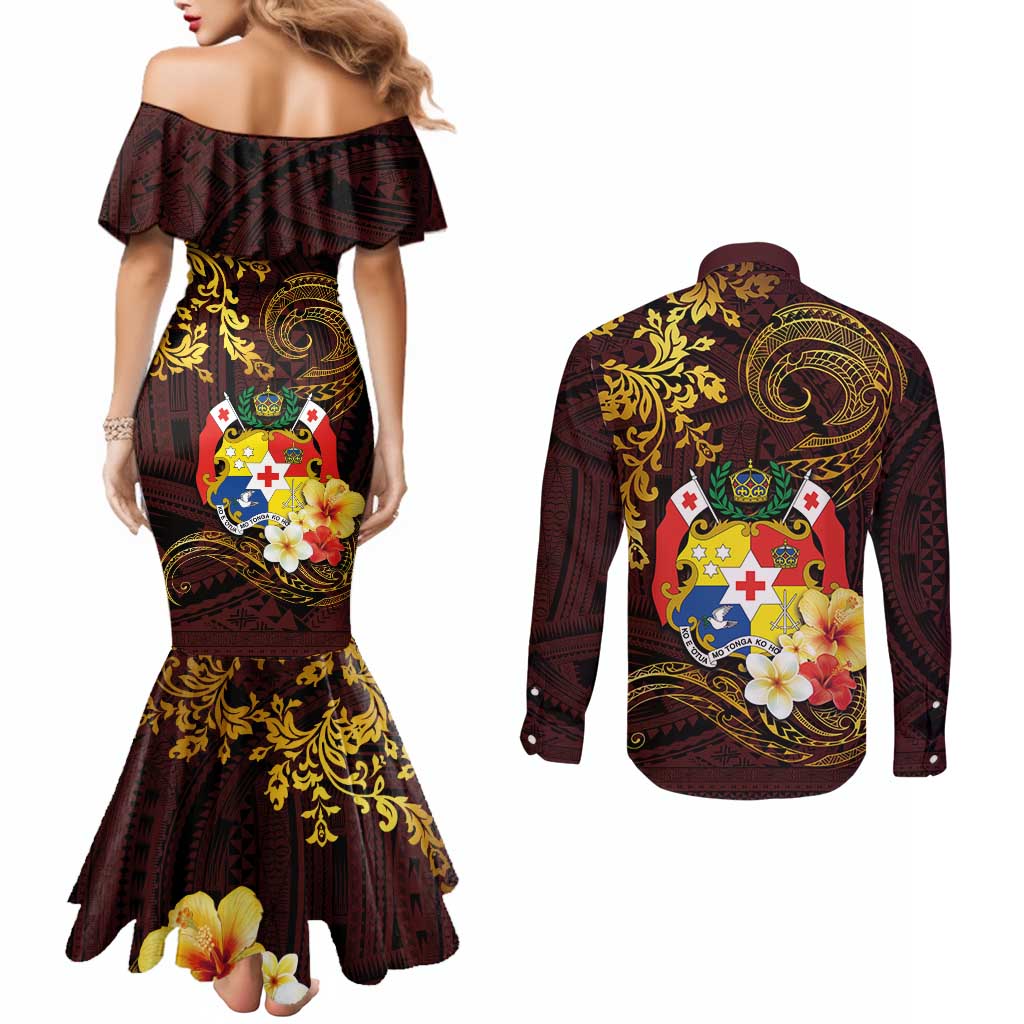 Tonga Ngatu and Hibiscus with Polynesian Tattoo Couples Matching Mermaid Dress and Long Sleeve Button Shirt Gold and Oxblood Color