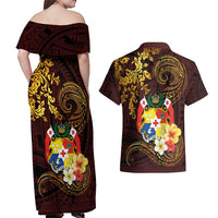 Tonga Ngatu and Hibiscus with Polynesian Tattoo Couples Matching Off Shoulder Maxi Dress and Hawaiian Shirt Gold and Oxblood Color LT03 - Polynesian Pride