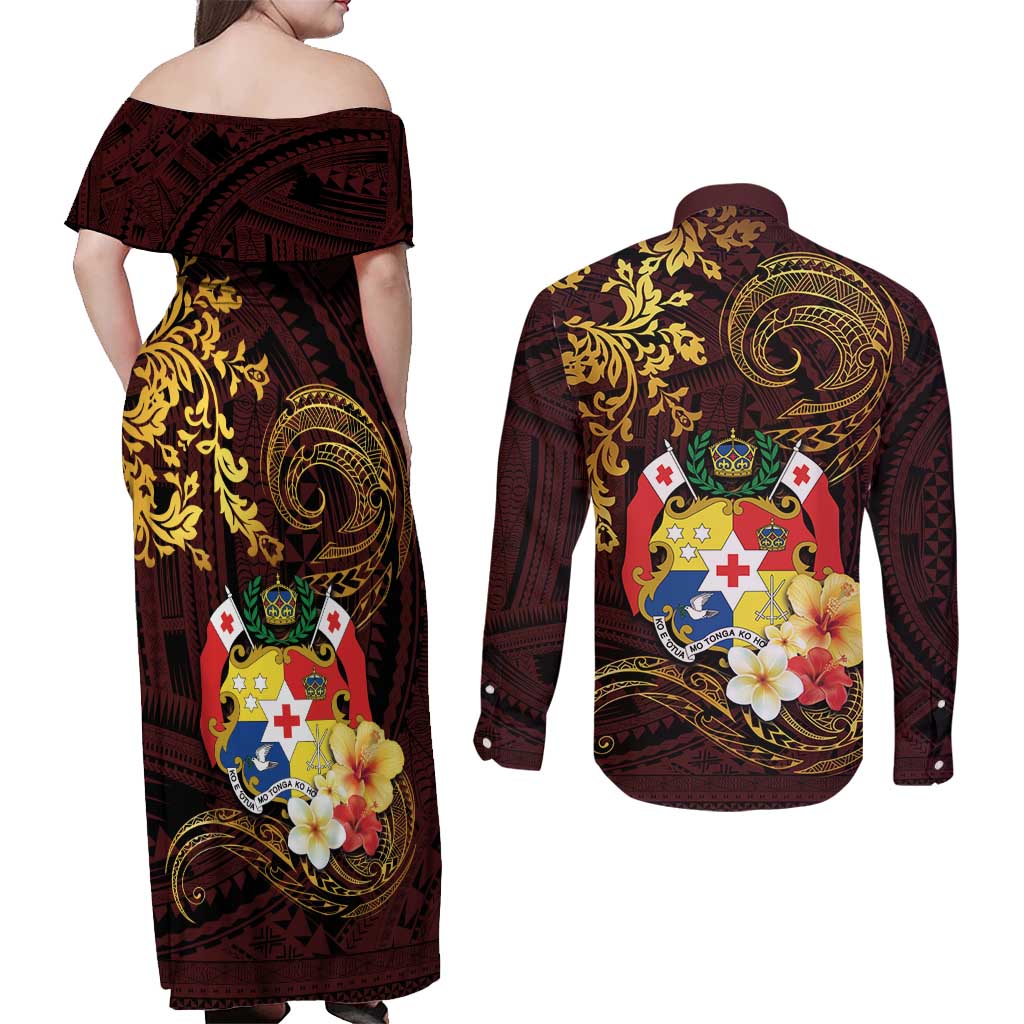 Tonga Ngatu and Hibiscus with Polynesian Tattoo Couples Matching Off Shoulder Maxi Dress and Long Sleeve Button Shirt Gold and Oxblood Color LT03 - Polynesian Pride