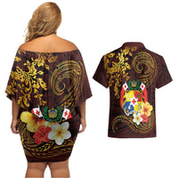 Tonga Ngatu and Hibiscus with Polynesian Tattoo Couples Matching Off Shoulder Short Dress and Hawaiian Shirt Gold and Oxblood Color LT03 - Polynesian Pride