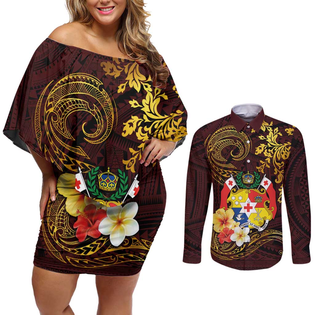 Tonga Ngatu and Hibiscus with Polynesian Tattoo Couples Matching Off Shoulder Short Dress and Long Sleeve Button Shirt Gold and Oxblood Color LT03 Oxblood - Polynesian Pride