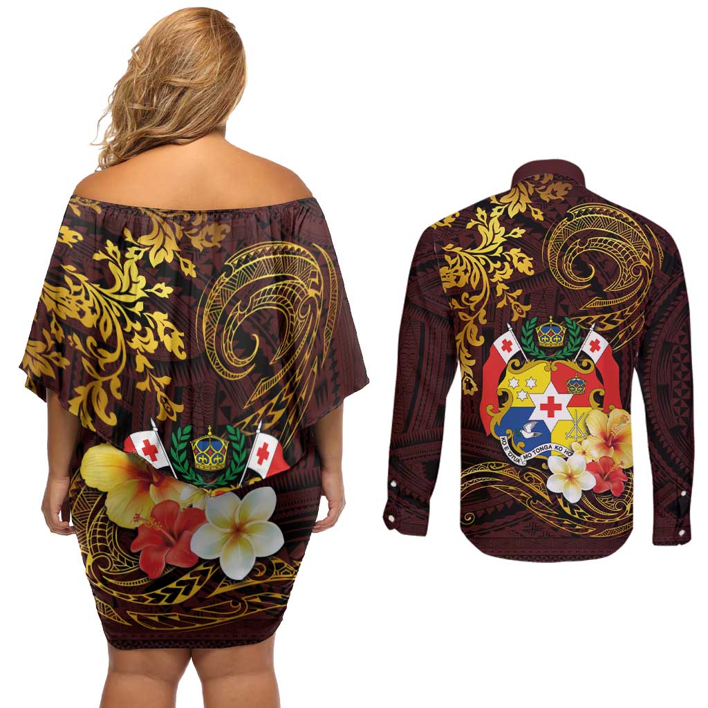Tonga Ngatu and Hibiscus with Polynesian Tattoo Couples Matching Off Shoulder Short Dress and Long Sleeve Button Shirt Gold and Oxblood Color LT03 - Polynesian Pride