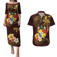 Tonga Ngatu and Hibiscus with Polynesian Tattoo Couples Matching Puletasi and Hawaiian Shirt Gold and Oxblood Color LT03 Oxblood - Polynesian Pride