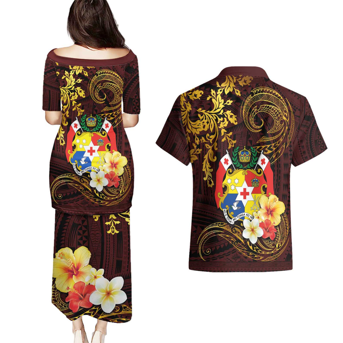 Tonga Ngatu and Hibiscus with Polynesian Tattoo Couples Matching Puletasi and Hawaiian Shirt Gold and Oxblood Color LT03 - Polynesian Pride
