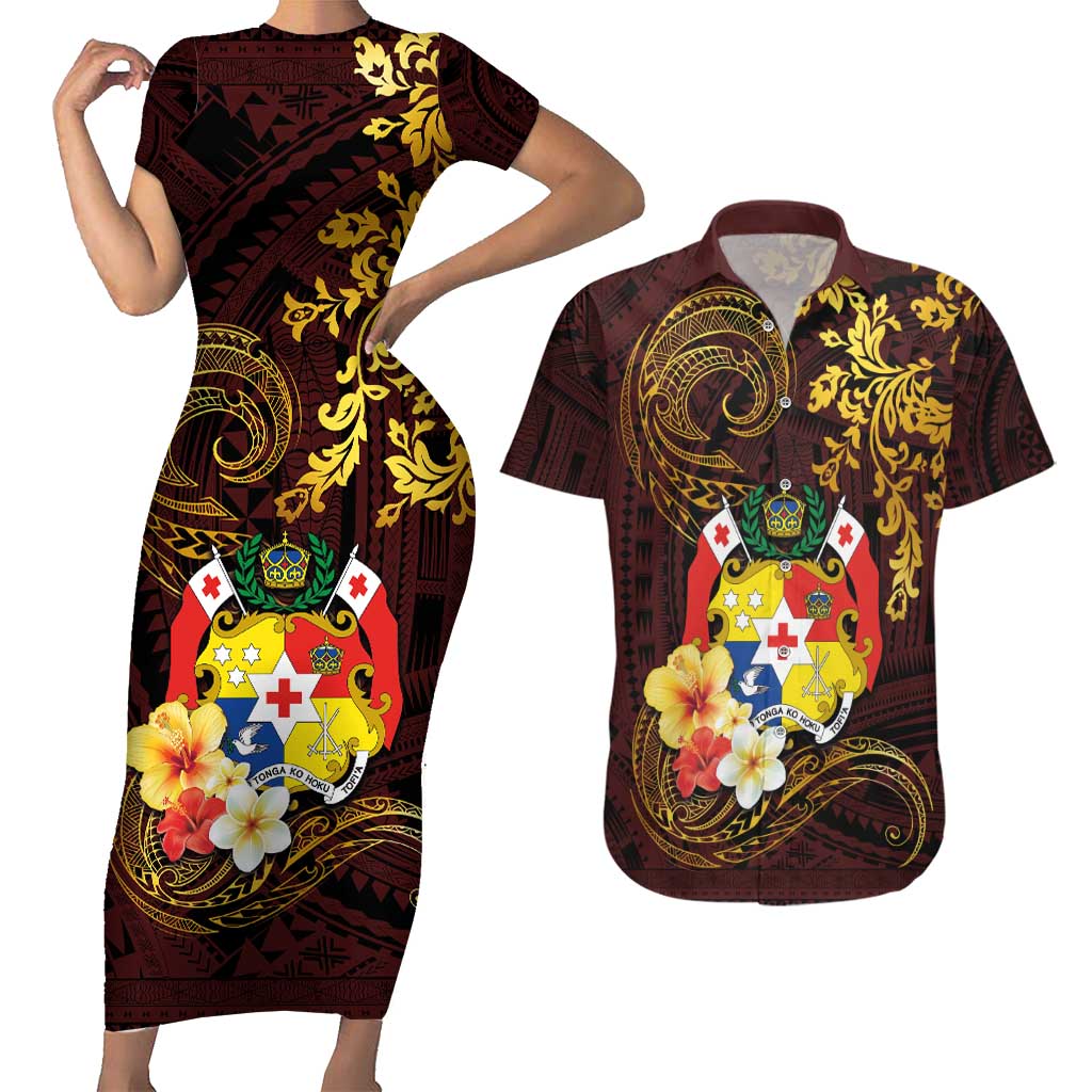 Tonga Ngatu and Hibiscus with Polynesian Tattoo Couples Matching Short Sleeve Bodycon Dress and Hawaiian Shirt Gold and Oxblood Color LT03 Oxblood - Polynesian Pride