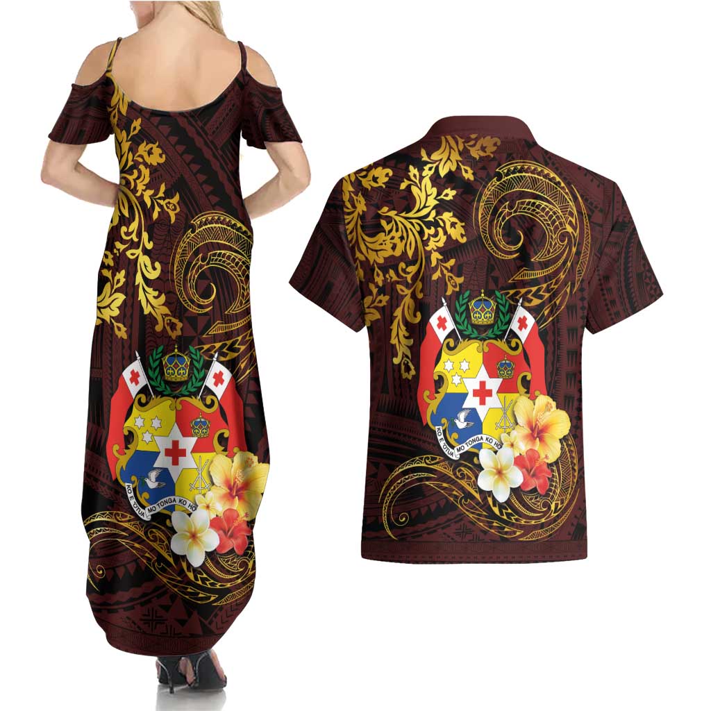 Tonga Ngatu and Hibiscus with Polynesian Tattoo Couples Matching Summer Maxi Dress and Hawaiian Shirt Gold and Oxblood Color LT03 - Polynesian Pride