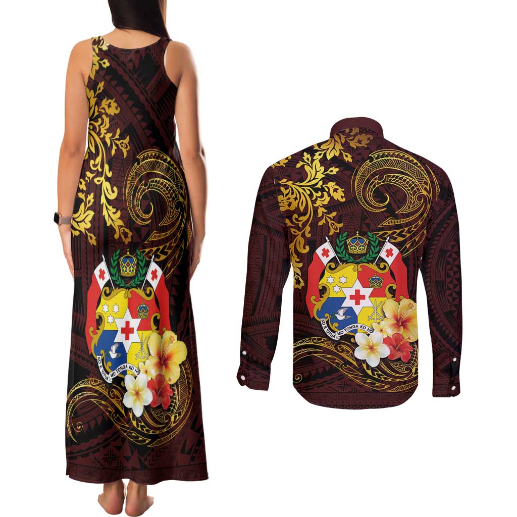 Tonga Ngatu and Hibiscus with Polynesian Tattoo Couples Matching Tank Maxi Dress and Long Sleeve Button Shirt Gold and Oxblood Color