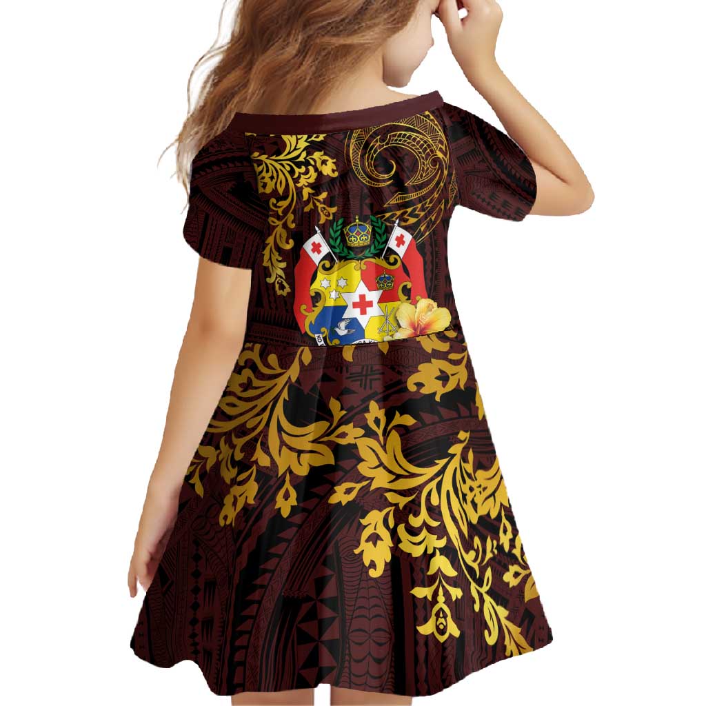 Tonga Ngatu and Hibiscus with Polynesian Tattoo Family Matching Long Sleeve Bodycon Dress and Hawaiian Shirt Gold and Oxblood Color LT03 - Polynesian Pride