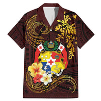Tonga Ngatu and Hibiscus with Polynesian Tattoo Family Matching Mermaid Dress and Hawaiian Shirt Gold and Oxblood Color LT03 Dad's Shirt - Short Sleeve Oxblood - Polynesian Pride