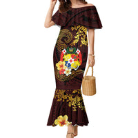 Tonga Ngatu and Hibiscus with Polynesian Tattoo Family Matching Mermaid Dress and Hawaiian Shirt Gold and Oxblood Color LT03 Mom's Dress Oxblood - Polynesian Pride