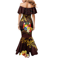 Tonga Ngatu and Hibiscus with Polynesian Tattoo Family Matching Mermaid Dress and Hawaiian Shirt Gold and Oxblood Color LT03 - Polynesian Pride