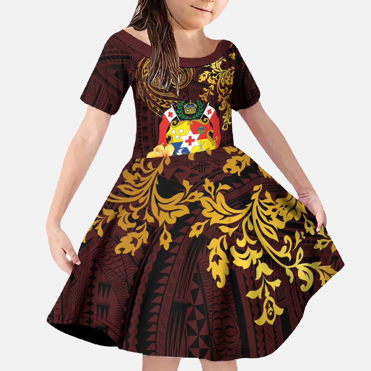 Tonga Ngatu and Hibiscus with Polynesian Tattoo Family Matching Off The Shoulder Long Sleeve Dress and Hawaiian Shirt Gold and Oxblood Color LT03 Daughter's Dress Oxblood - Polynesian Pride