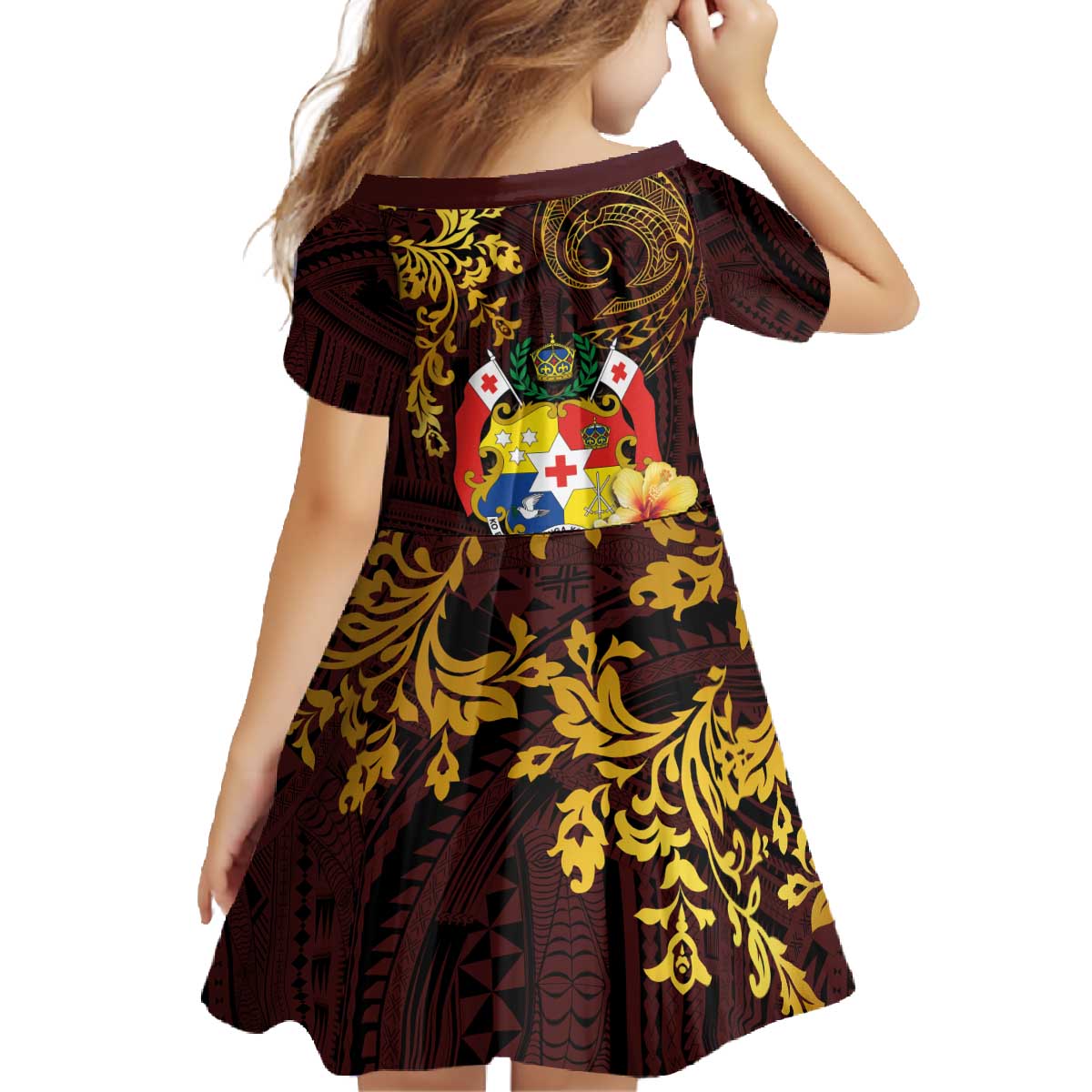 Tonga Ngatu and Hibiscus with Polynesian Tattoo Family Matching Off The Shoulder Long Sleeve Dress and Hawaiian Shirt Gold and Oxblood Color LT03 - Polynesian Pride