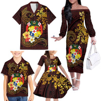 Tonga Ngatu and Hibiscus with Polynesian Tattoo Family Matching Off The Shoulder Long Sleeve Dress and Hawaiian Shirt Gold and Oxblood Color LT03 - Polynesian Pride