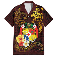 Tonga Ngatu and Hibiscus with Polynesian Tattoo Family Matching Off The Shoulder Long Sleeve Dress and Hawaiian Shirt Gold and Oxblood Color LT03 Dad's Shirt - Short Sleeve Oxblood - Polynesian Pride