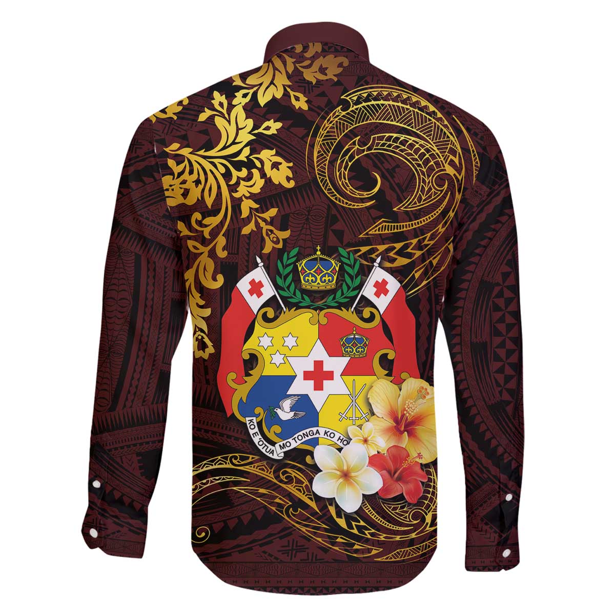 Tonga Ngatu and Hibiscus with Polynesian Tattoo Family Matching Off The Shoulder Long Sleeve Dress and Hawaiian Shirt Gold and Oxblood Color LT03 - Polynesian Pride